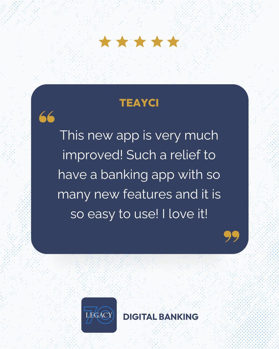 LegacyCU's tweet image. The reviews are in, and the new Legacy app is a hit! Thanks to everyone who&apos;s taken the time to leave us a great review on the Apple App Store!

Download today if you haven&apos;t already: (Apple: buff.ly/0G4YHQZ), (Android: buff.ly/8N1hMkI)