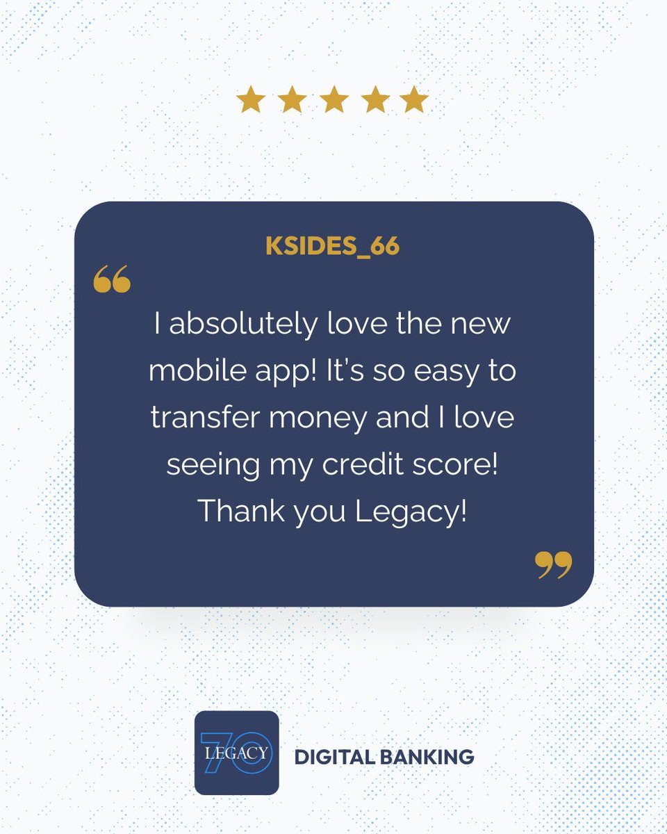 LegacyCU's tweet image. The reviews are in, and the new Legacy app is a hit! Thanks to everyone who&apos;s taken the time to leave us a great review on the Apple App Store!

Download today if you haven&apos;t already: (Apple: buff.ly/0G4YHQZ), (Android: buff.ly/8N1hMkI)
