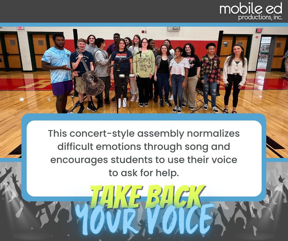 MobileEdProd's tweet image. Take Back Your Voice uses music, humor, and audience participation to tackle the most difficult issues our students face today. 🤝 Click to learn more: mobileedproductions.com/take-back-your… #MobileEd #MobileEdMagic #backtoschool #characterdevelopment #studentmotivation