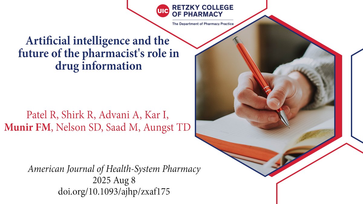 🚀 How will #AI transform the pharmacist’s role in drug info?
New work by Dr. Faria Munir &amp; colleagues in AJHP explores what’s ahead.

👉 doi.org/10.1093/ajhp/z…
#PharmacyInnovation #PharmacyResearch #HealthTech