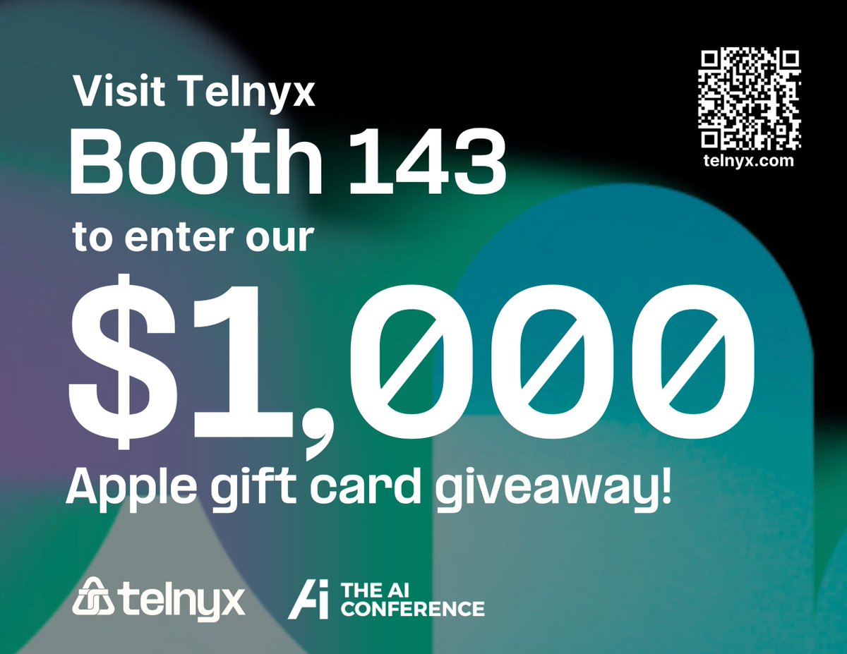 telnyx's tweet image. .@AIconference 2025 is here!

Visit Booth #143 at #AIConf2025 to see Telnyx Voice AI demos and enter the $1000 Apple gift card raffle 🍏💳 

#VoiceAI #LowLatency