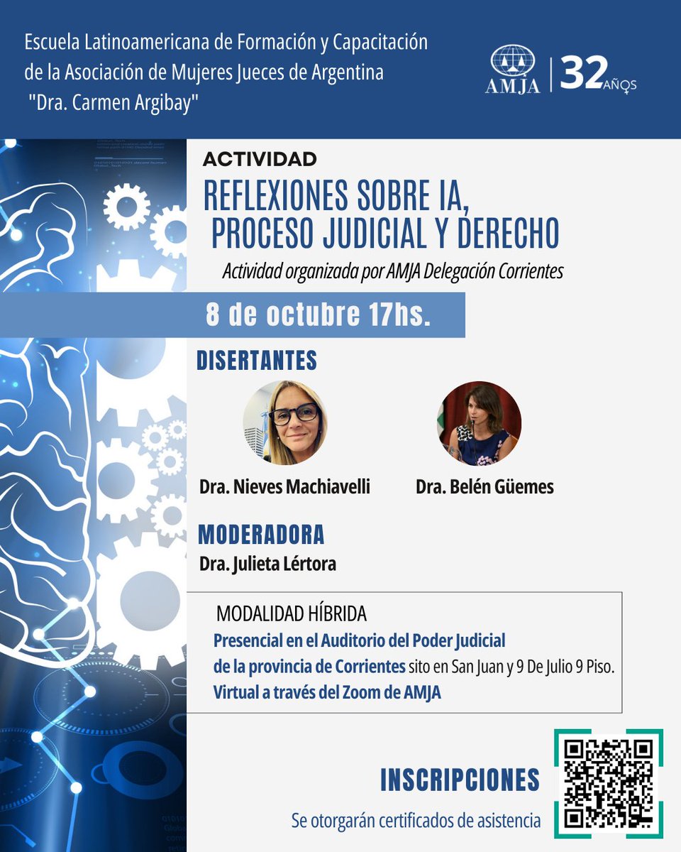 📌 Agendate!
Nueva actividad en nuestra Escuela Virtual
REFLEXIONES SOBRE IA, PROCESO JUDICIAL Y DERECHO
Actividad organizada por AMJA Delegación Corrientes
🗓️ 8 de octubre 17hs.

👉🏻 INSCRIPCIONES:
amja.org.ar/producto/refle…
