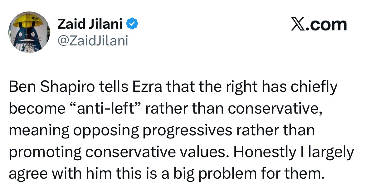 There’s no real ‘right’ in American politics.

There’s the ‘small c’ conservative Dem establishmentarian uniparty (that now includes everyone from Bernie Sanders to Dick Cheney) under threat from mismanagement and technological succession that is yanked around by deranged