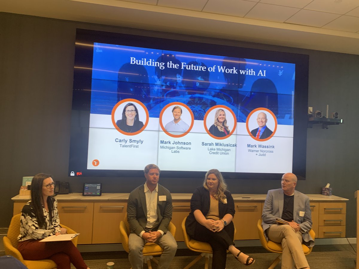 WMTalentFirst's tweet image. We were thrilled to present at #TechWeekGR on “AI &amp;amp; the Future of Work.” Data says AI is a catalyst—not a replacement. Thanks to our panel Sarah Miklusicak of @LMCU, @MrMarkJohnson of @michiganlabs &amp;amp; Mark Wassink of @Warner_Norcross + everyone who joined! #AI #FutureOfWork