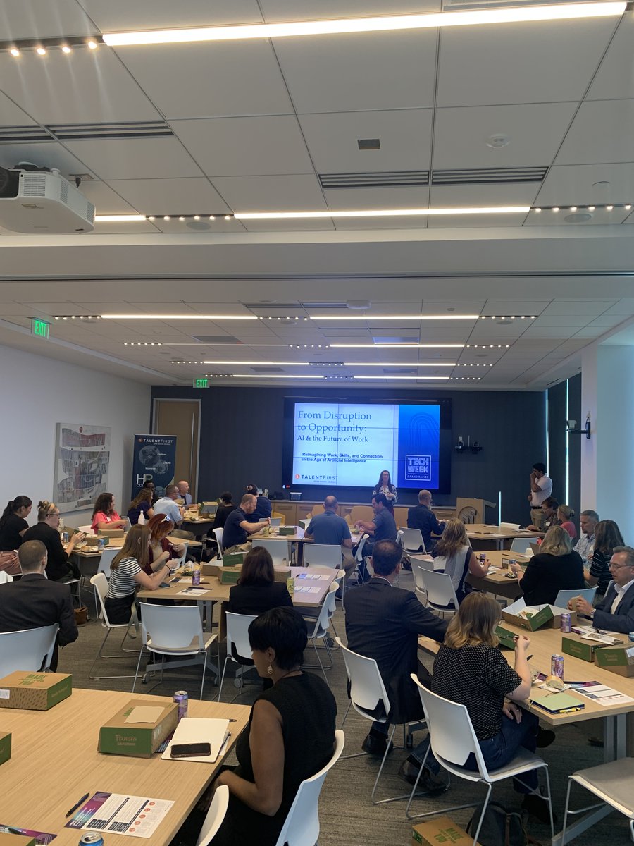 WMTalentFirst's tweet image. We were thrilled to present at #TechWeekGR on “AI &amp;amp; the Future of Work.” Data says AI is a catalyst—not a replacement. Thanks to our panel Sarah Miklusicak of @LMCU, @MrMarkJohnson of @michiganlabs &amp;amp; Mark Wassink of @Warner_Norcross + everyone who joined! #AI #FutureOfWork