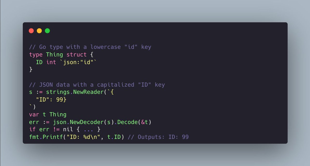 joncalhoun's tweet image. Did you know that Go&apos;s encoding/json package isn&apos;t case-sensitive when parsing JSON keys? 

This is one of the defaults proposed to change in Go&apos;s new json/v2 package.

#golang #json