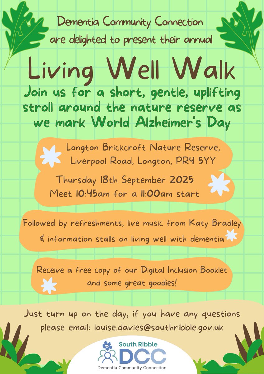 Tomorrow it's the Dementia Community Connection Living Well Walk!🚶‍♀️🚶🚶‍♂️

Enjoy a gorgeously crisp Autumnal stroll around Longton Brickcroft Nature Reserve🍂