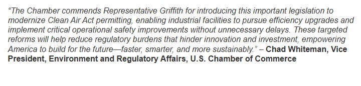 globalenergy's tweet image. The @USChamber is glad to see momentum on permitting reform!👏 

Thanks to @RepMGriffith for introducing H.R. 161—acting to modernize Clean Air Act permitting so industrial facilities can upgrade efficiently and safely, w/o delays. ✂️🕰️

#PermitAmerica2Build🛠️ 

cc:…