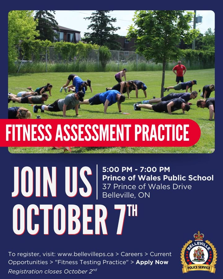 Our second Fitness Assessment Practice is coming up!

Thinking about becoming a Police Constable, Special Constable, or Auxiliary Officer with Belleville Police Service? A fitness assessment is part of the process.

Registration: bellevilleps.ca