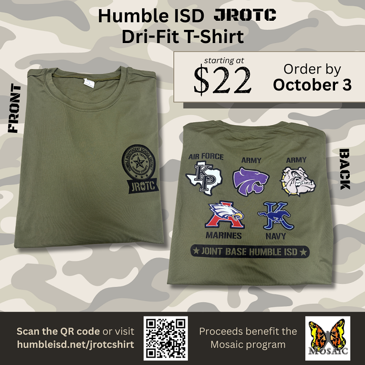 HumbleISD's tweet photo. Help support our JROTC programs and our
@HumISD_Mosaic students! Shirts are available in sizes S-XL for $22; 2XL and larger $25.  

Students in the Mosaic program—an #HumbleISD initiative serving 18-22 year-olds who qualify for special education services after high school—will oversee the fulfillment process, including packaging and delivering all orders. Proceeds from the sale will directly benefit the Mosaic program by funding production lab supplies and other program needs.  

👉Order at https://t.co/njpPUaS4d9 by Oct. 3.  

Shirts will be delivered to campuses in time for the 2nd Annual Work Out with a Vet event on Saturday, October 25, 2025. 

Community members who order should select delivery to the Admin Building or to a campus of their choice.