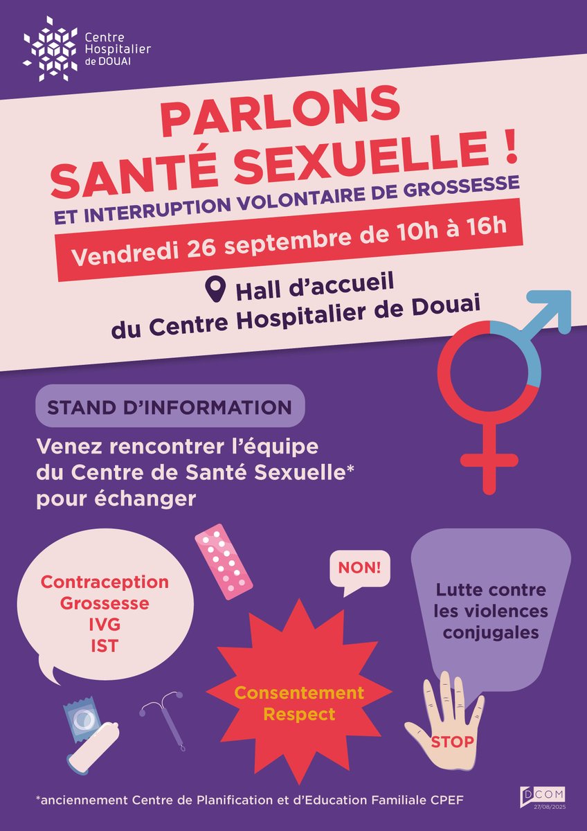 💬 Parlons santé sexuelle !

📅 26 sept. – 10h à 16h
📍 Hall du CH de Douai

Infos &amp; échanges autour :
✅ Contraception, IVG, IST
✅ Consentement, violences conjugales

💙 Venez poser vos questions en toute confidentialité.