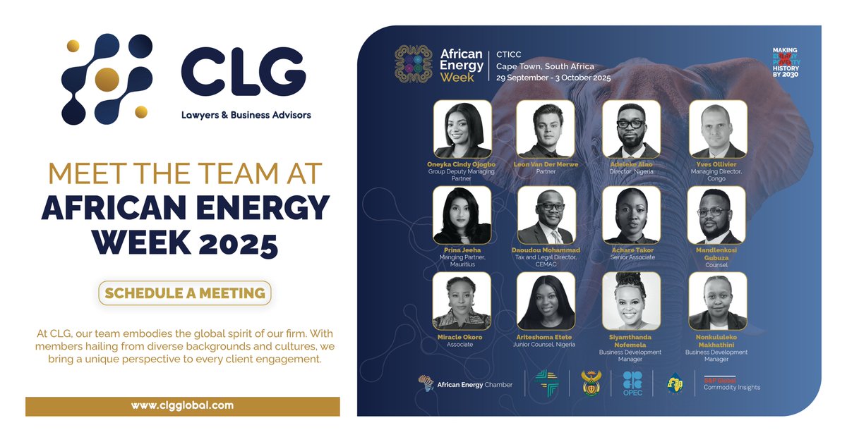 CLG_Global's tweet photo. Meet us at the AEW 2025 conference in Cape Town — the premier platform uniting global energy leaders, investors, and innovators shaping Africa’s future.

To schedule a meeting, please reach out via email: Siyamthanda.nofemela@clgglobal.com or nonkululeko.makhathini@clgglobal.com https://t.co/VDN5CyIhYh