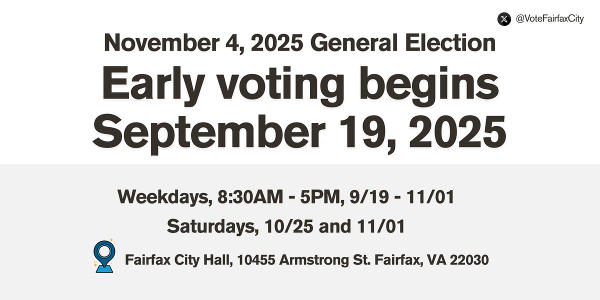 Early voting in-person begins TOMORROW (9/19) for <a href="/CityofFairfaxVA/">City of Fairfax, VA</a> residents at Fairfax City Hall for the November 4, 2025, General Election.

✅Hours: 8:30am - 5pm
✅Bring an acceptable ID
✅Curbside voting is available

For more info, visit: Fairfaxva.gov/Vote