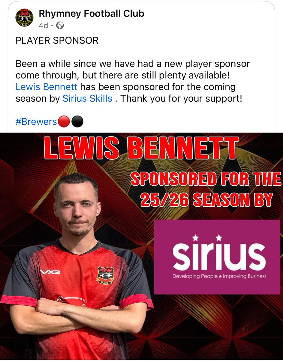 We’re proud to be on board! 🙌

we’re excited to announce that Sirius Skills is officially sponsoring Lewis Bennett for the upcoming season! ⚽

Best of luck for the season ahead, Lewis we’ll be cheering you on! 👏

#SiriusSkills #PlayerSponsor #Brewers 🔴⚫️