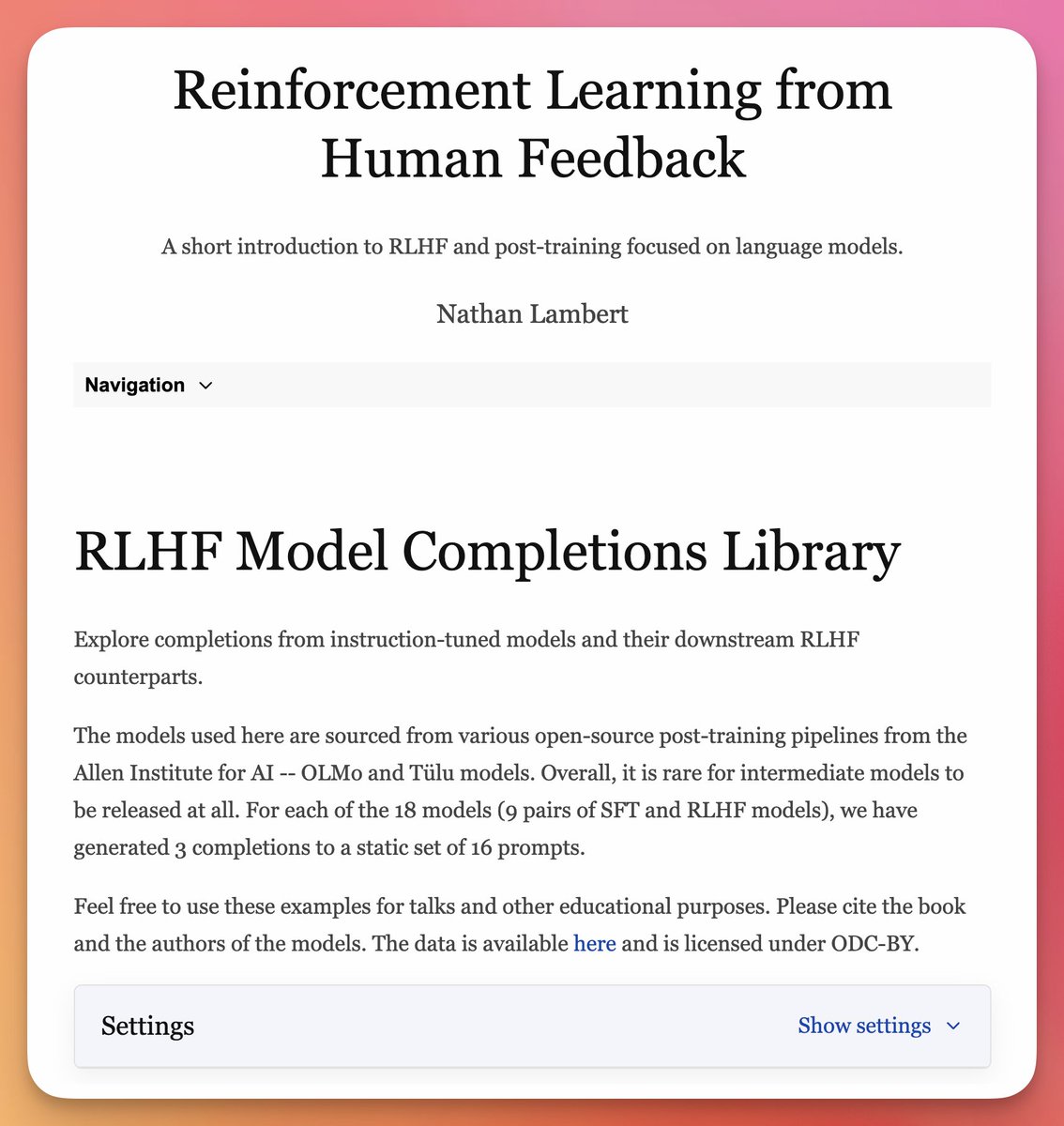 I finally got around to making a tool to compare completions from SFT vs. RLHF trained models. This is a mini site for the RLHF book that I've wanted for a while.

rlhfbook dot com slash library

It's always been hard to say what RLHF does to a model within a more complex