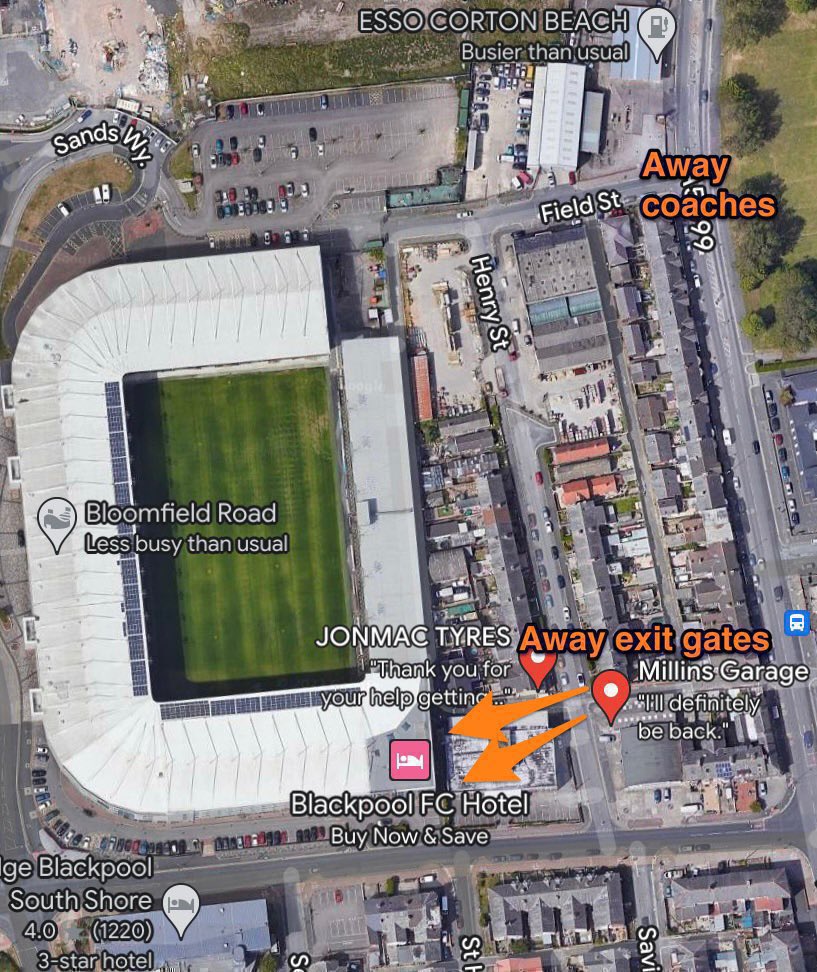 Any <a href="/BarnsleyFC/">Barnsley FC</a> fans heading to Bloomfield Rd this weekend, Away supporters will enter via the South East turnstiles 18-21. You will exit out of the exit gates in the South East corner and coaches will be parked up on Central Drive 🚌