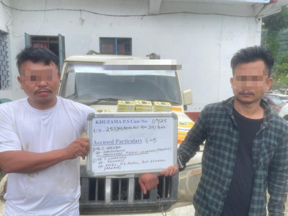 Kohima Police intercepted Bolero &amp; seized 400 live rounds of 12 bore ammunition at Kzma Inter-State Police Check Gate on 16/08/25. Two suspects, C. Wilubo (30) &amp; T. Livingson (35), arrested. Legal action under Arms Act &amp; BNS initiated. Stay vigilant, report suspicious activities.