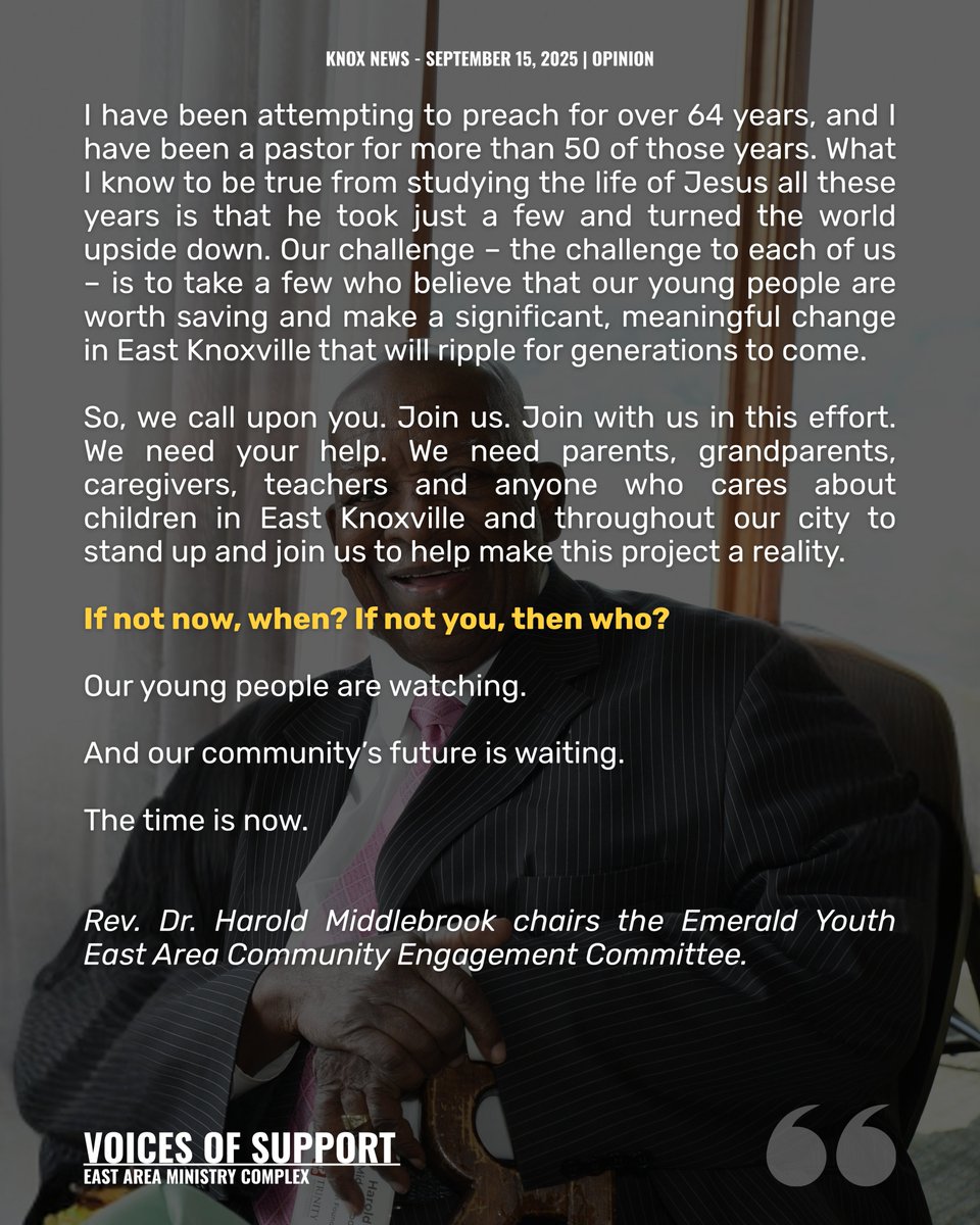 Hear the voice of Rev. Dr. Harold Middlebrook. #VoicesOfSupport #EastKnoxville #TheTimeIsNow

To read Rev. Dr. Harold Middlebrook's KnoxNews op-ed, click here: knoxnews.com/story/opinion/…