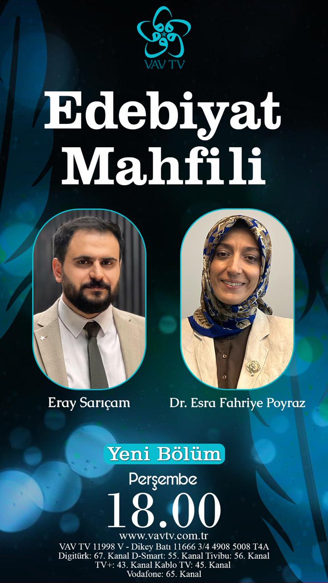 Edebiyat Mahfili'nde bu hafta konuğumuz Dr. Esra Fahriye Poyraz...

Siyer-i Nebi'nin modern Türk romanına yansımalarını konuşacağımız Edebiyat Mahfili, yarın saat 18'de VAV TV'de...

Bekleriz...😇

<a href="/vavtvresmi/">Vav TV</a> 
<a href="/dr_efpoyraz/">Esra Fahriye Poyraz</a>