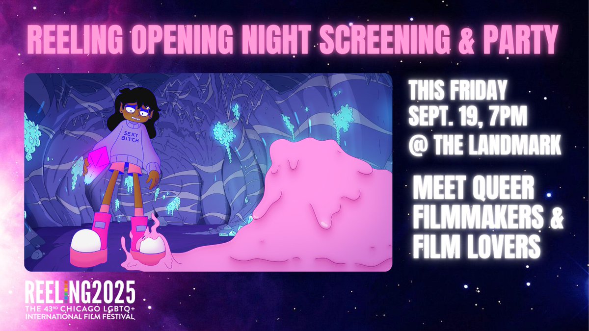 Celebrate the start of Reeling with other queer filmmakers and film lovers this Friday after the 7PM screening of LESBIAN SPACE PRINCESS! Screening and party tickets include the film PLUS two drinks and food. Wear your most out-of-this-world 'fit. 👽✨ tinyurl.com/Reeling43-Open…