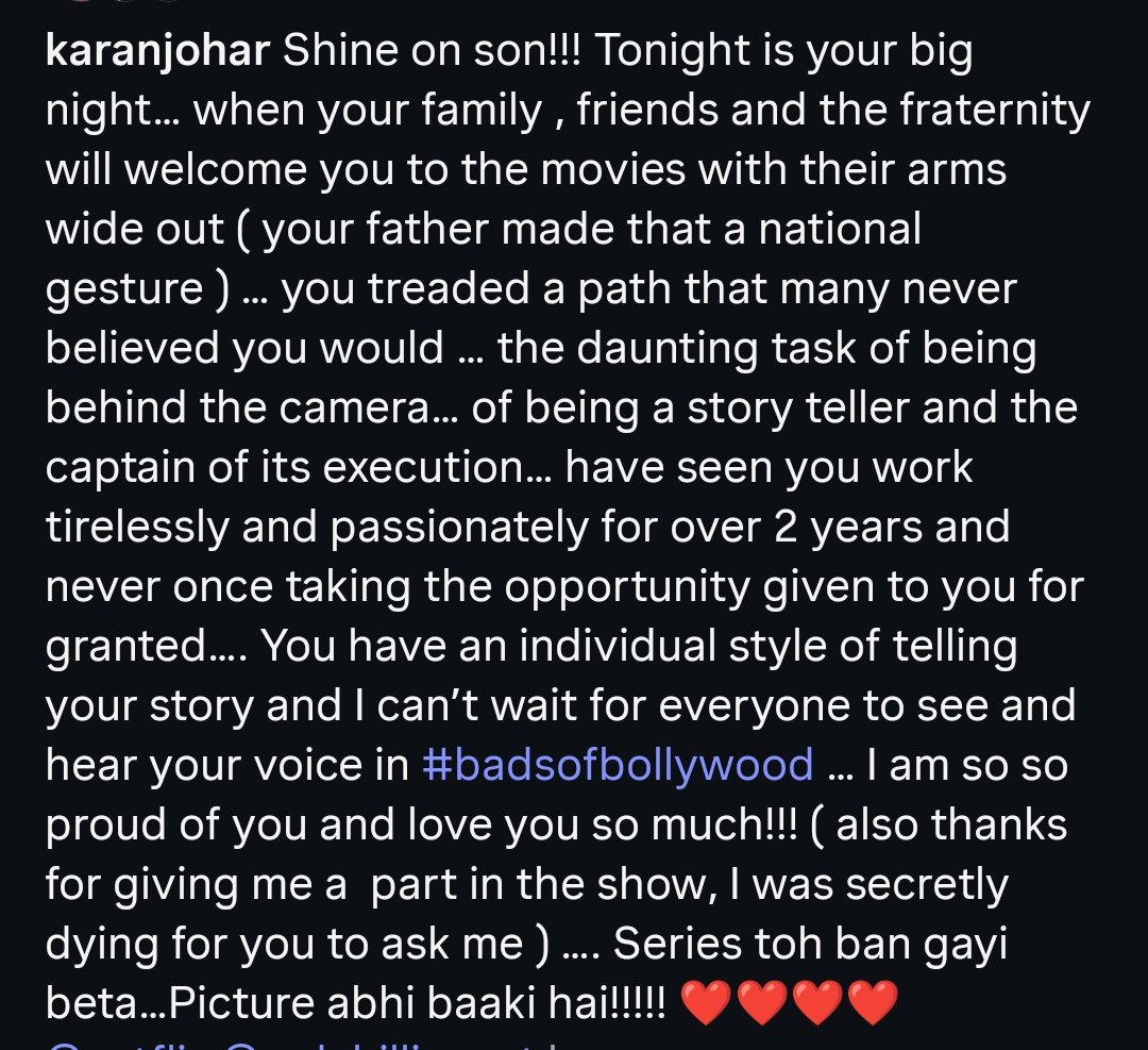 Karan Johar pens a heartfelt message for Aryan Khan as The Bads of Bollywood gears up for release ❤️ A friendship beyond films, a promise of new beginnings ✨🔥
<a href="/iamsrk/">Shah Rukh Khan</a> <a href="/RedChilliesEnt/">Red Chillies Entertainment</a> <a href="/BilalS158/">Bilal Siddiqi</a> <a href="/NetflixIndia/">Netflix India</a> <a href="/gaurikhan/">Gauri Khan</a> #KaranJohar 

#TheBadsOfBollywood