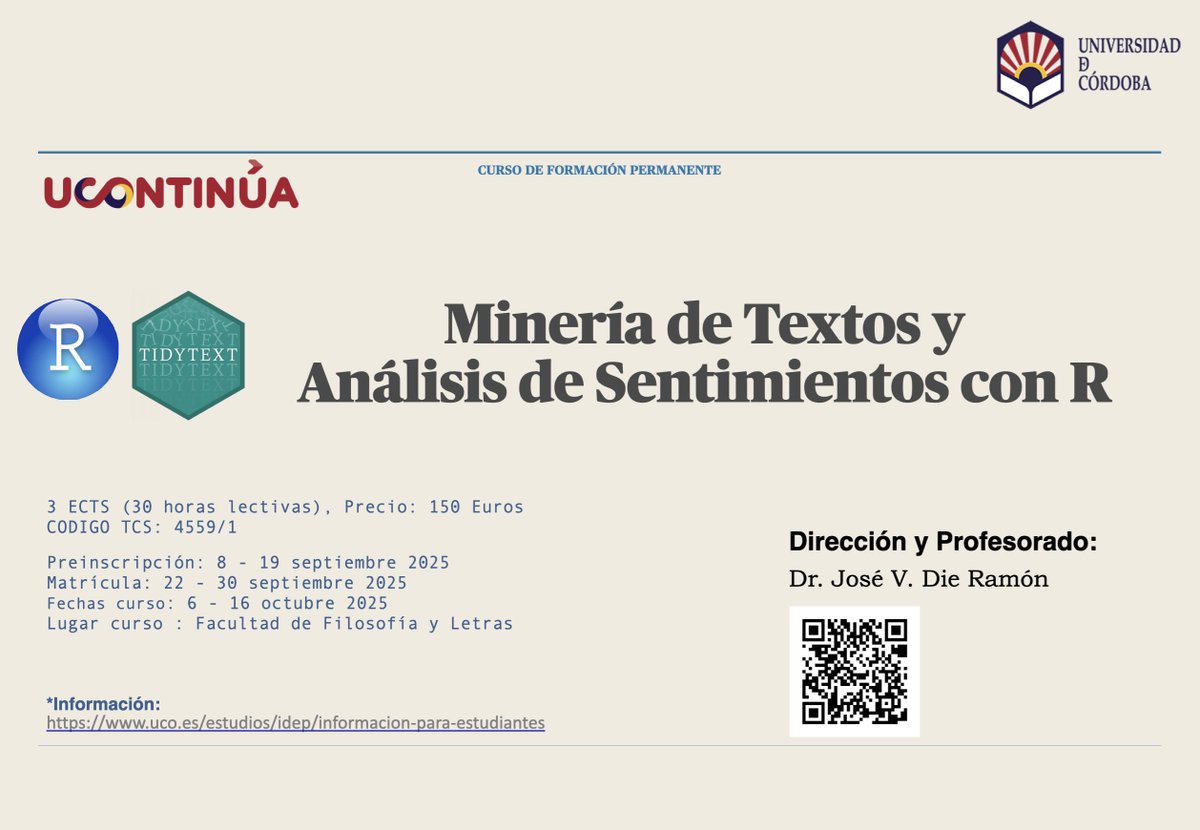 jdieramon's tweet image. 🚀 Abrimos matrícula muy pronto
En este curso trabajaremos con textos en #R usando el ecosistema #tidyverse y paquetes afines.
Una forma coherente y poderosa de analizar datos tabulares con la misma filosofía y gramática.