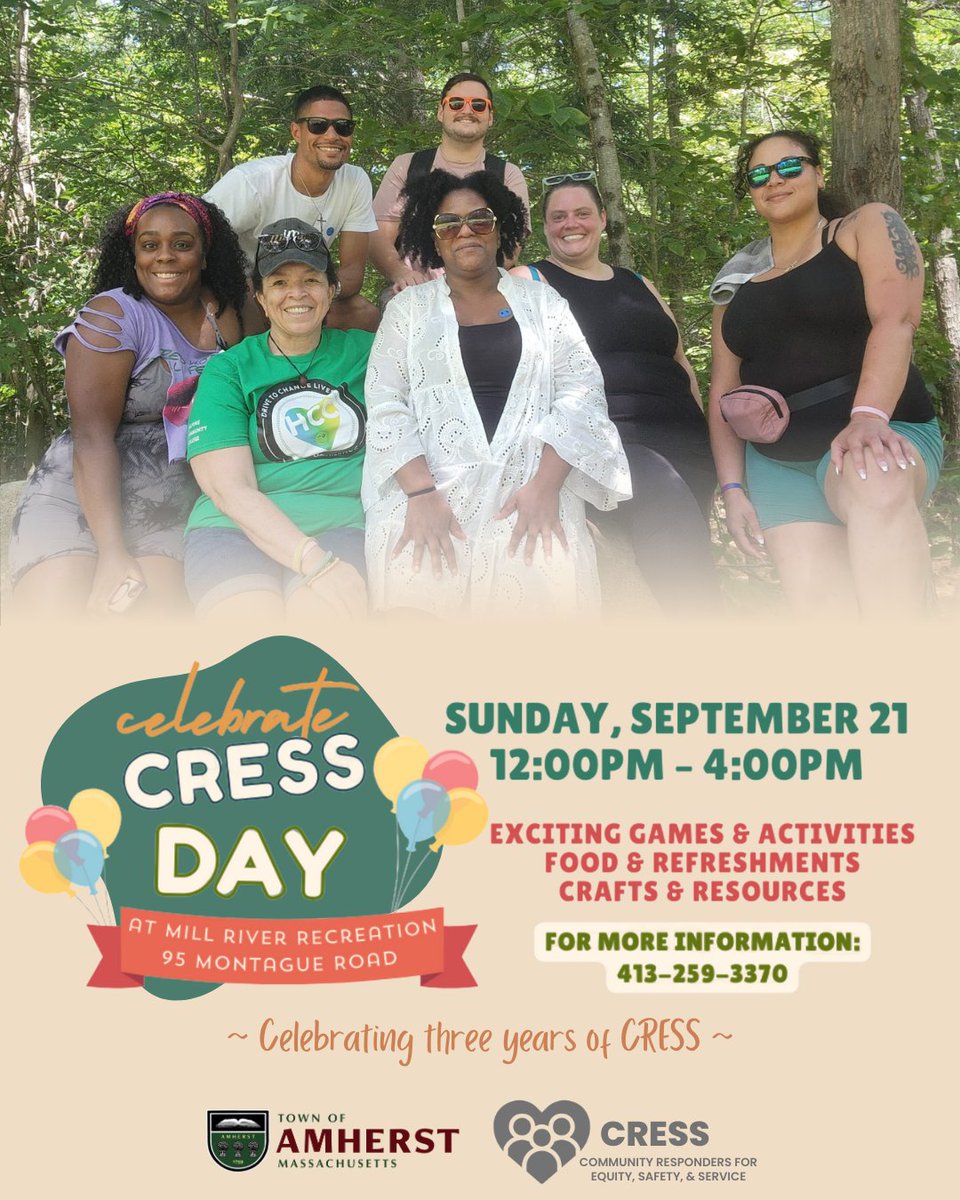 TownOfAmherst's tweet image. 🎉 Join us for CRESS Day on Sunday, September 21, from 12-4 PM at Mill River Recreation Area! Celebrate 3 years since the founding of this new Town department – Community Responders for Equity, Safety, and Service (CRESS). Learn more: amherstma.gov/CivicAlerts.as…
