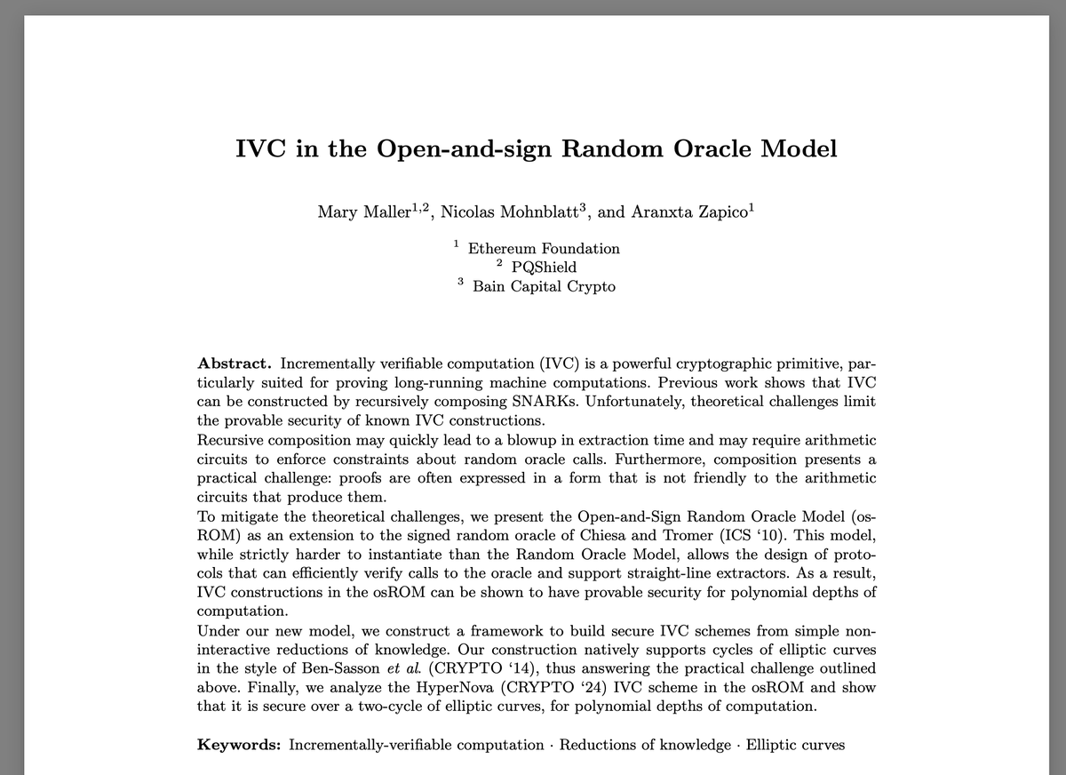 Nico (@nico_mnbl) on Twitter photo paper release! This one has been a long time coming, in collaboration with <a href="/arantxazapico/">Arantxa Zapico 🧉</a> and Mary Maller.
Beyond what we list in the abstract, I like to see the paper as a bit of an SoK on IVC, formalising a lot of insights and patterns scattered in the literature. More below⬇️ paper release! This one has been a long time coming, in collaboration with <a href="/arantxazapico/">Arantxa Zapico 🧉</a> and Mary Maller.
Beyond what we list in the abstract, I like to see the paper as a bit of an SoK on IVC, formalising a lot of insights and patterns scattered in the literature. More below⬇️