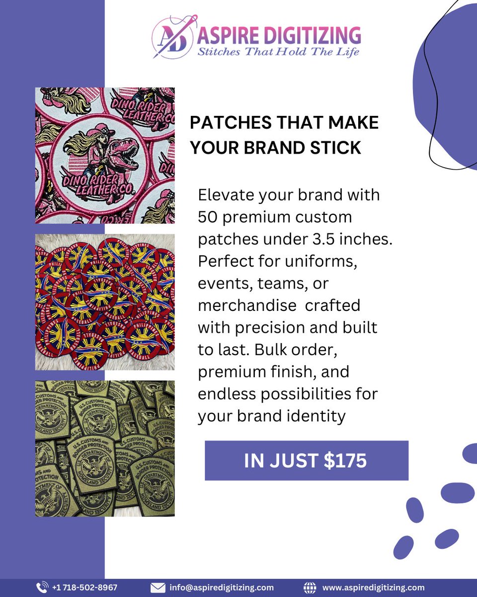 AspireDigitize's tweet image. From small biz to sports teams &amp;amp; events — our custom patches make every identity shine 🧵✨
Embroidery, woven, PVC, leather &amp;amp; more — crafted with pride, delivered with reliability.

📞 +1 (718) 502-8967 | 🌐 aspiredigitizing.com

#CustomPatches #EmbroideryPatches #WovenPatches