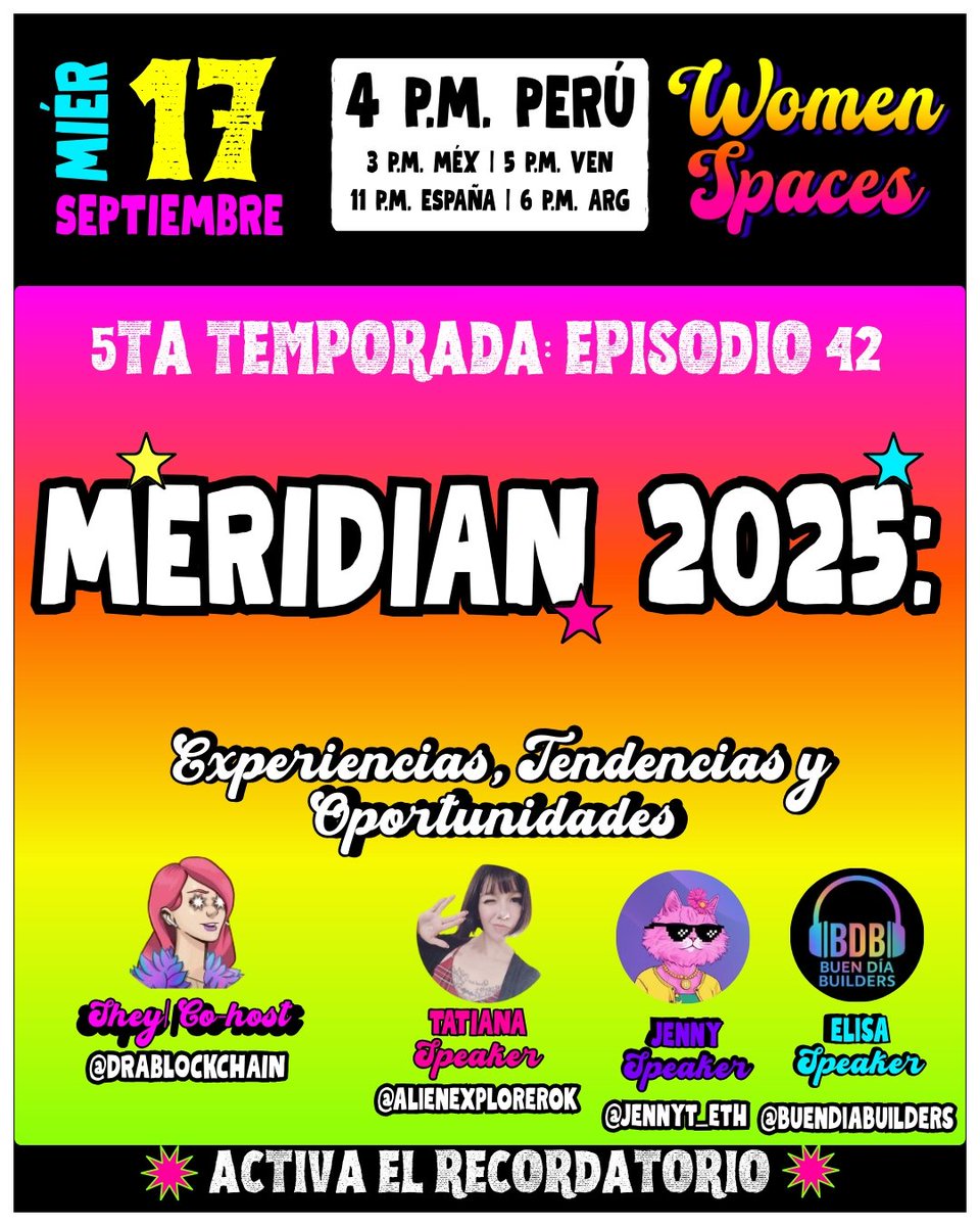 WomenBiz (@hiwomenbiz) on Twitter photo ¡Hoy en nuestro Women Space desde Río! 🌎🇧🇷
Se suma una invitada que está hackeando en el Meridian 2025 by <a href="/StellarOrg/">Stellar</a>
Prepárate para una charla epica, y energía al máximo con <a href="/alienexplorerok/">Tatiana Borda⭐⭐⭐</a>, <a href="/buendiabuilders/">Buen dia Builders</a> <a href="/jennyt_eth/">Jenny T.</a> y <a href="/drablockchain/">Shey</a> como cohost.
📅 4:00 pm (Perú) ¡Hoy en nuestro Women Space desde Río! 🌎🇧🇷
Se suma una invitada que está hackeando en el Meridian 2025 by <a href="/StellarOrg/">Stellar</a>
Prepárate para una charla epica, y energía al máximo con <a href="/alienexplorerok/">Tatiana Borda⭐⭐⭐</a>, <a href="/buendiabuilders/">Buen dia Builders</a> <a href="/jennyt_eth/">Jenny T.</a> y <a href="/drablockchain/">Shey</a> como cohost.
📅 4:00 pm (Perú)