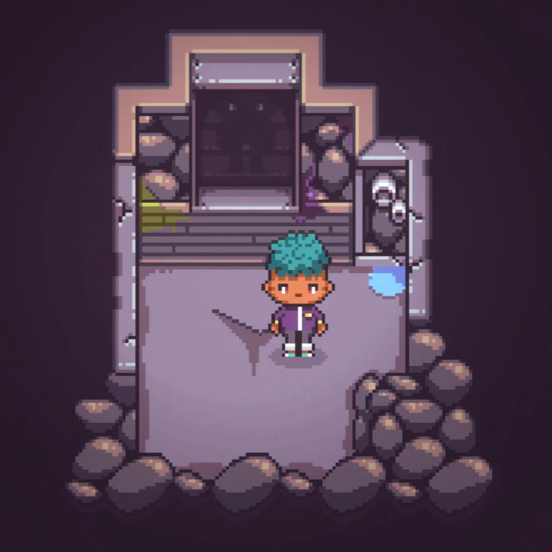 Discounty screenshot. The player is standing in a dark dingy basement with cracks in the floor and dripping water pipes. A shadowy figure looms in the staircase, hidden in the shadows.