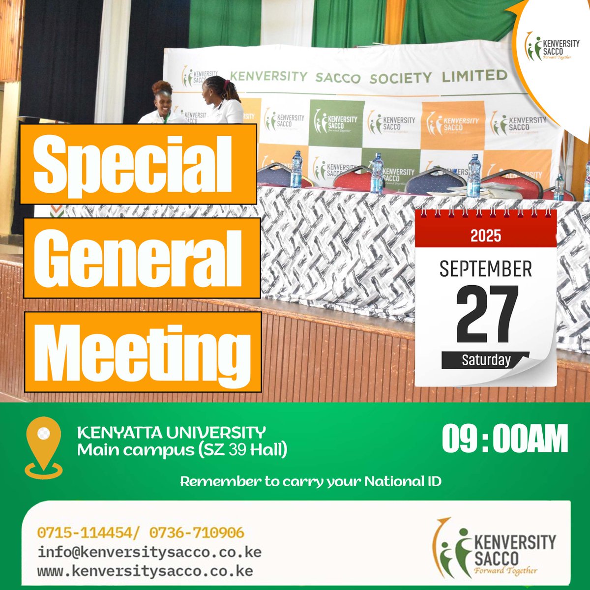 kenversity's tweet image. All our members are welcomed to attend the Special General Meeting on 27th September 2025. Mark the date,Don't miss! #SGM #financialfreedom #kenversitysacco #MbelePamoja