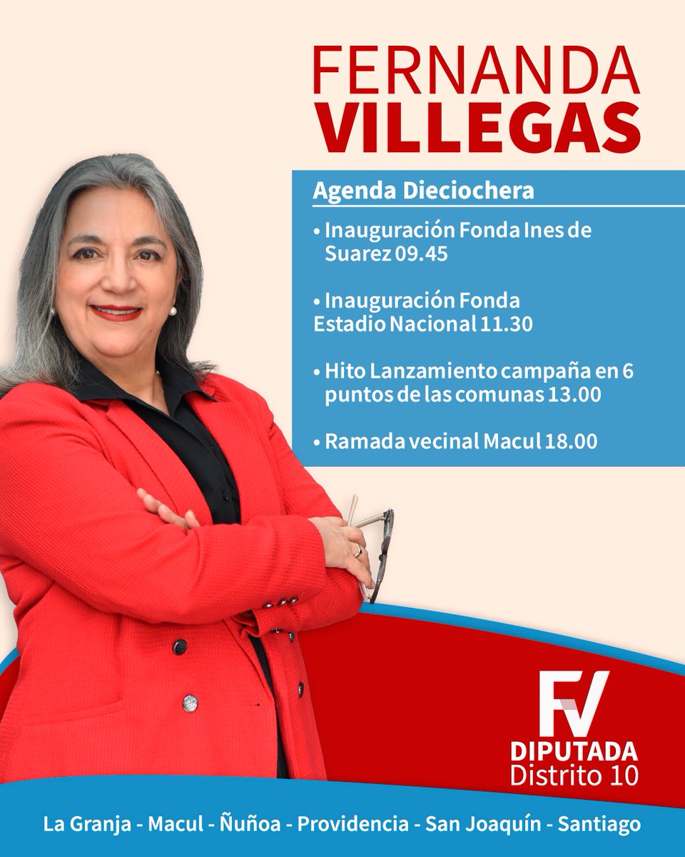 #VillegasxEl10 en modo 18 🇨🇱

👉 Queridos vecinos y vecinas, estas Fiestas Patrias estaré recorriendo el distrito en una serie de actividades, inaugurando fondas y lanzando mi candidatura a Diputada por el Distrito 10:  #Santiago, #Providencia, #Ñuñoa, #Macul, #La Granja y #San