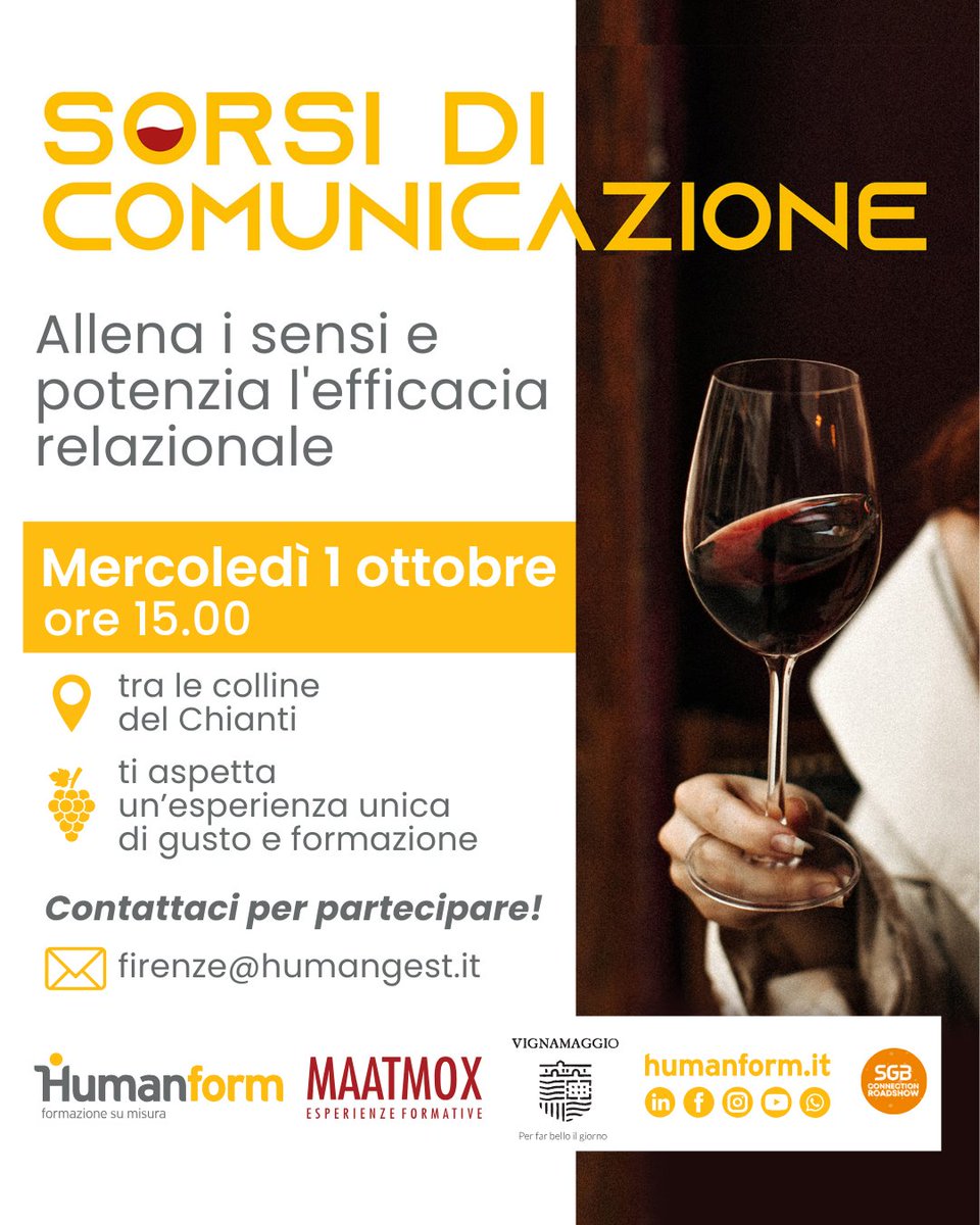✨🍷 𝐒𝐨𝐫𝐬𝐢 𝐝𝐢 𝐂𝐨𝐦𝐮𝐧𝐢𝐜𝐚𝐳𝐢𝐨𝐧𝐞  

Molto più di un incontro di #business, è un viaggio tra gusto e #formazione, dove i sensi diventano strumenti di #crescita personale e professionale.
 
👉L'evento è su invito. Contattaci per partecipare!