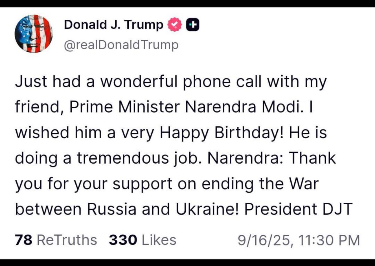 At one side he wants all the credits of ending all the wars in the world. On the other side, he thanks PM Modi for his support in ending the war between Russia and Ukraine. You gotta hand it over to Modi to manage DJT like no one else could. Modi hai to mumkin hai !!