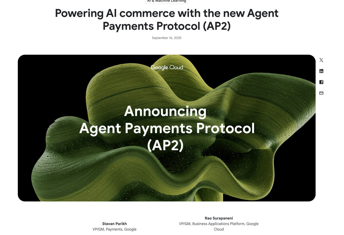 RyanSAdams's tweet image. Wow.

Looks like Google AI will support AI to AI payment using crypto out of the box.

Google is adding the x402 standard pioneered by Coinbase, the EF, and Metamask to it&apos;s agent to agent payment strategy.

That means Google AIs can pay AIs using crypto.

This is actually huge.