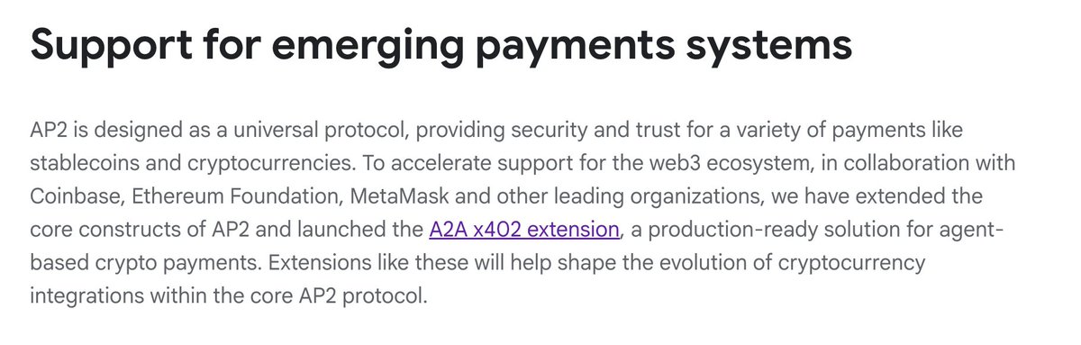 RyanSAdams's tweet image. Wow.

Looks like Google AI will support AI to AI payment using crypto out of the box.

Google is adding the x402 standard pioneered by Coinbase, the EF, and Metamask to it&apos;s agent to agent payment strategy.

That means Google AIs can pay AIs using crypto.

This is actually huge.