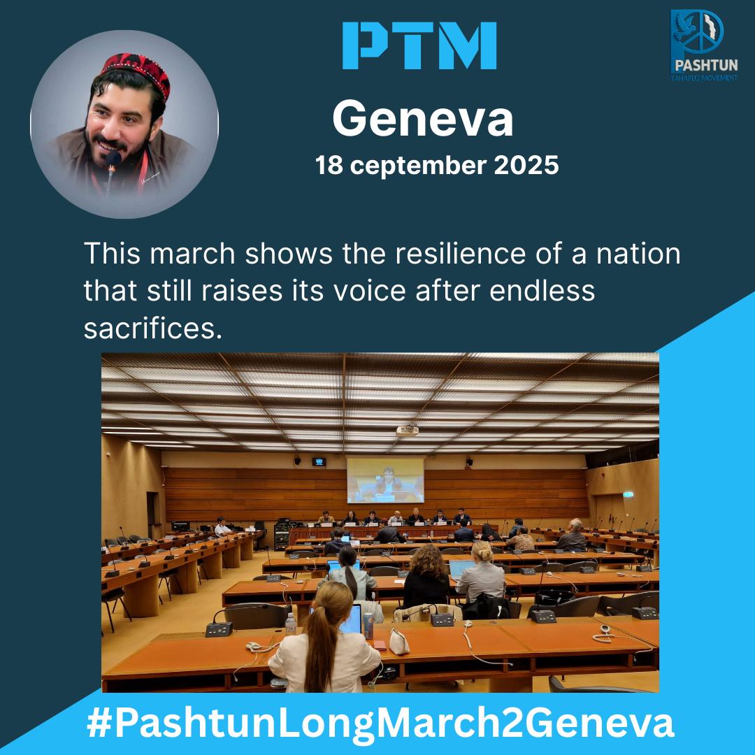 Pashtuns are protesting in front of the UN Human Rights Council in Geneva to expose Pakistan’s atrocities: war &amp; terror on Pashtun land, enforced disappearances, extrajudicial killings &amp; persecution of activists.
Join us in raising the voice for justice!
#PashtunLongMarch2Geneva