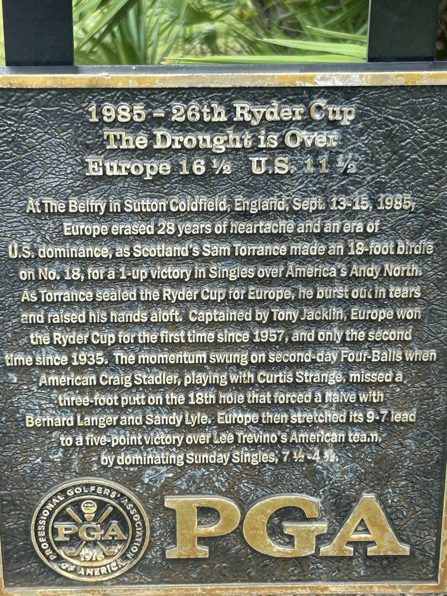 Countdown to the <a href="/rydercup/">Ryder Cup</a> from The Ryder Course <a href="/PGAVillage/">PGA Golf Club at PGA Village</a> where the hole sign on #10 talks about the European drought coming to an end at The Belfry in 1985