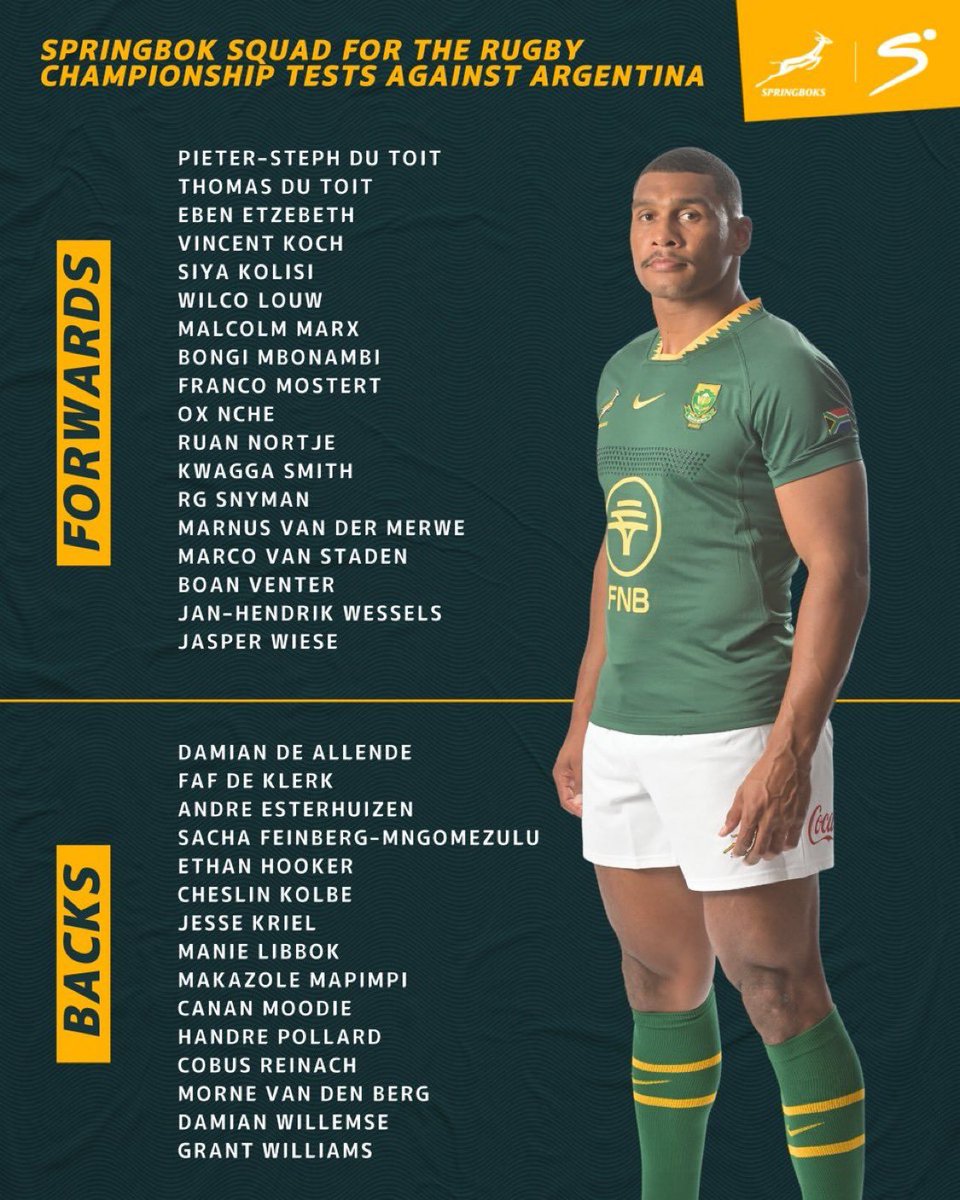 🇿🇦 EL PLANTEL DE LOS SPRINGBOKS PARA ENFRENTAR A LOS PUMAS

🚑Bajas por lesión como De Jager y Fassi.

⚔️ Sacando eso, van con todo lo que tienen...