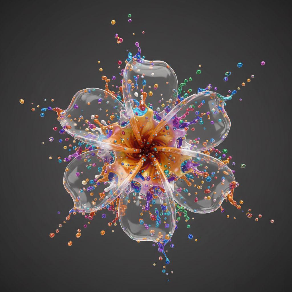 suddenseven's tweet image. thats a good idea CC! 🙏

a transparent plumeria flower made of pearlescent paint drops splashing, smooth grey background, orange, blue, white, pink, purple, green, yellow, red