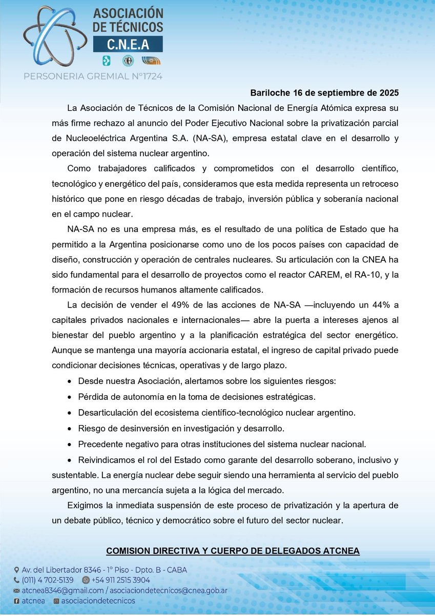 ⚠️ Alerta: el gobierno pone en venta la soberanía energética ⚠️

⚛️ Mediante este comunicado, la asociación de técnicos de CNEA, denuncia que tras décadas de inversión para poner en marcha Atucha II y extender la vida de Embalse y Atucha I, el Gobierno planea transferir la