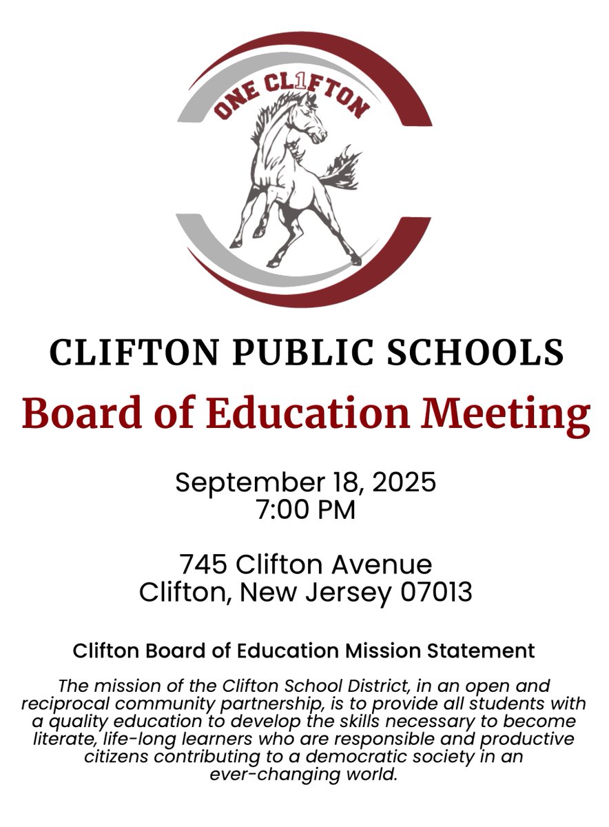 The Board of Education will host its regularly scheduled meeting in-person tomorrow. If you are viewing the meeting remotely and wish to speak publicly during the Public Recognition portion of the meeting, please visit the following link for instructions.

clifton.k12.nj.us/Page/5150