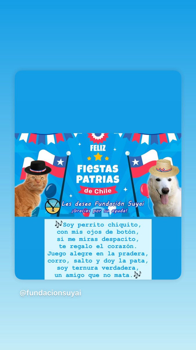 ¡Muy felices fiestas patrias, des deseamos con cariño y gratitud! Cuiden sus perritos y gatitos, respeten a los q no tienen familia, disfruten, su bebe alcohol no maneje, siempre habrá un inocente en el camino!