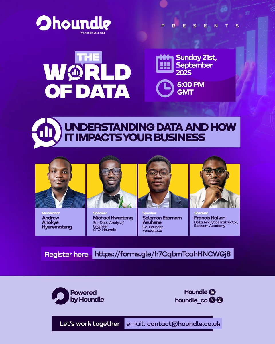 Hello #datafam 

Houndle presents ‘_The World of Data_’ happening on Sept 21st at 18:00GMT. 

Topic:  Understanding Data and how it impacts your business 

Join us by registering here: forms.gle/h7CqbmTcahKNCW…

#TheWorldOfData #DataAnalytics #BusinessGrowth