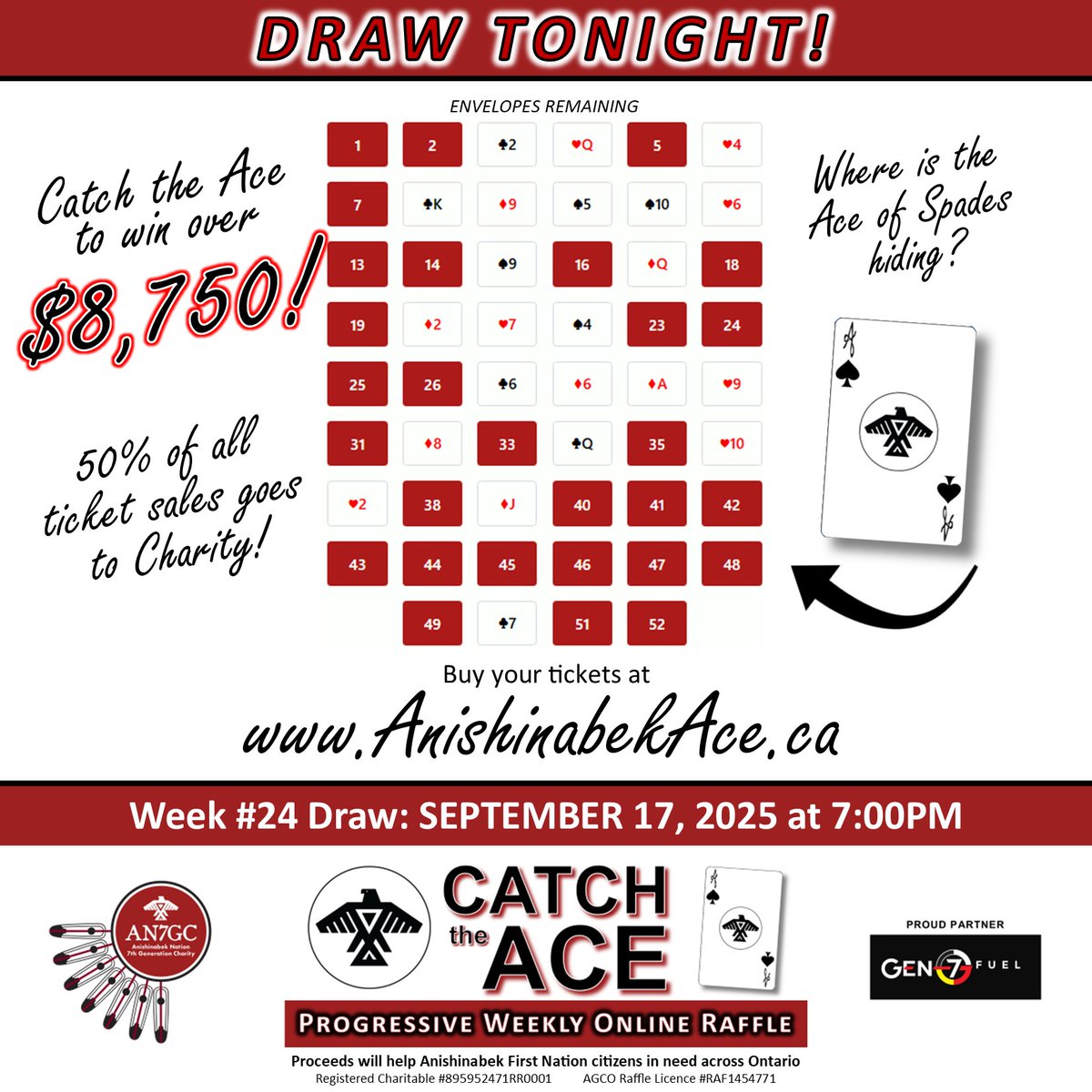 AN7GC's tweet image. Our Catch the Ace Week #24 draw is taking place at 7:00pm TONIGHT! Buy your tickets now at AnishinabekAce.ca