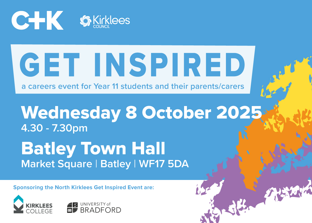 CKCareers's tweet image. If you know a young person in #Year11 who is making decisions about their future, make sure they know about the North #Kirklees Get Inspired 2025 Event on Wednesday 8 October at Batley Town Hall!

For more info &amp;amp; to book your place, see ck.mydirections.co.uk/events/north-k…

#Careers