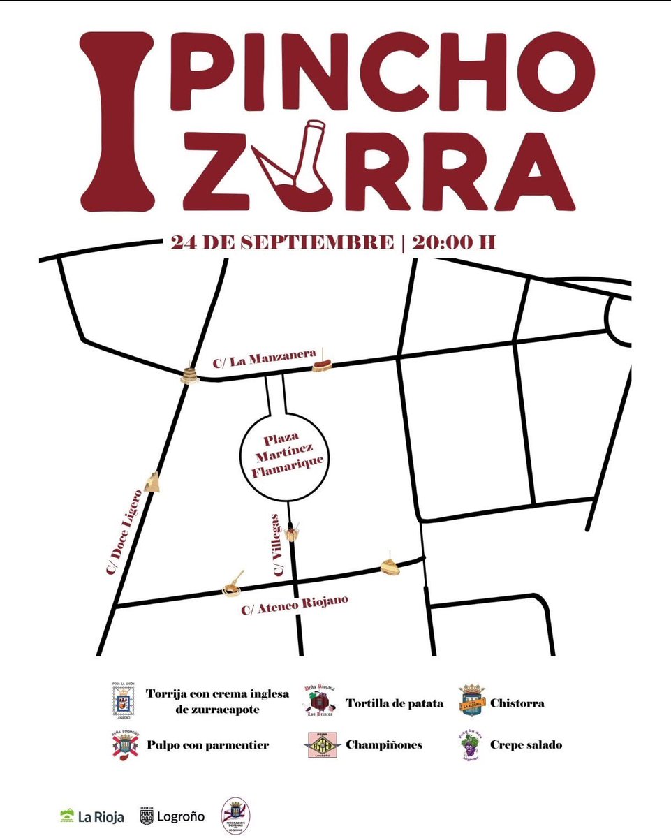 Este año como novedad las 6 peñas más cercanas en colaboración os hemos preparado el pincho zurra
Cada chamizo tendrá un pincho preparado acompañado de su zurracapote, el donativo son 2€ por pincho, os esperamos a todos 🍇