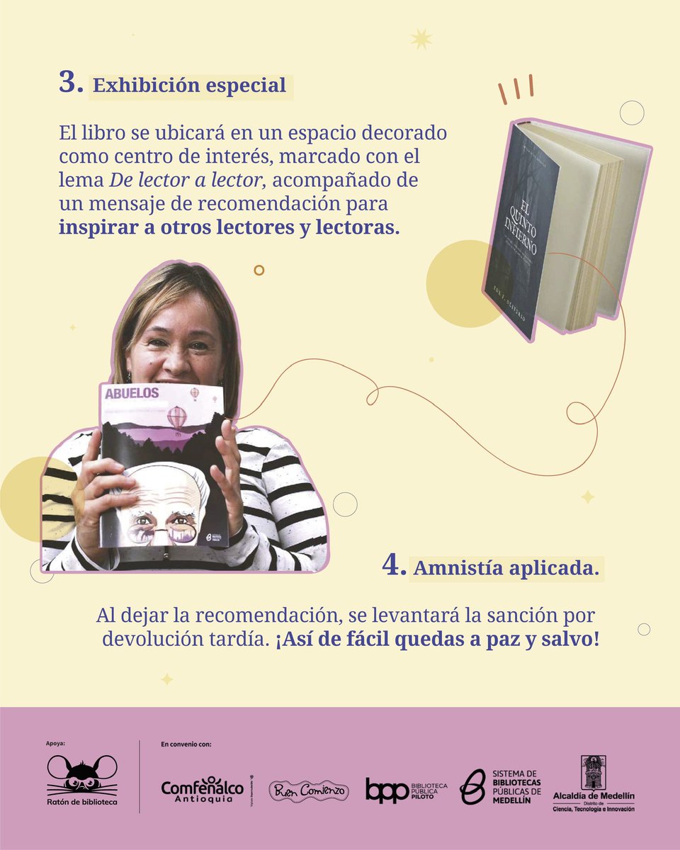📣 ¡El Sistema de Bibliotecas Públicas de Medellín tiene una nueva amnistía para morosos! Si tienes un libro vencido puedes llevarlo a cualquiera de nuestras bibliotecas con una nota recomendándolo a otros lectores ¡y quedarás libre de sanción📚! Tienes hasta el 30 de septiembre.