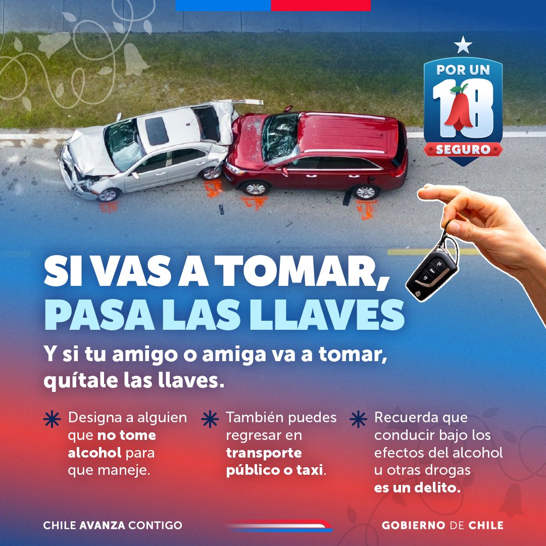 SmlChile's tweet image. 🎉🇨🇱 Celebra estas #FiestasPatrias con responsabilidad:
🚦 Si vas a tomar, pasa las llaves.
Y si tu amigo o amiga va a tomar, ¡quítaselas!

👉🏼 Conducir bajo los efectos del alcohol o drogas es un delito y pone vidas en riesgo.

#18Seguro #CuidémonosEntreTodos